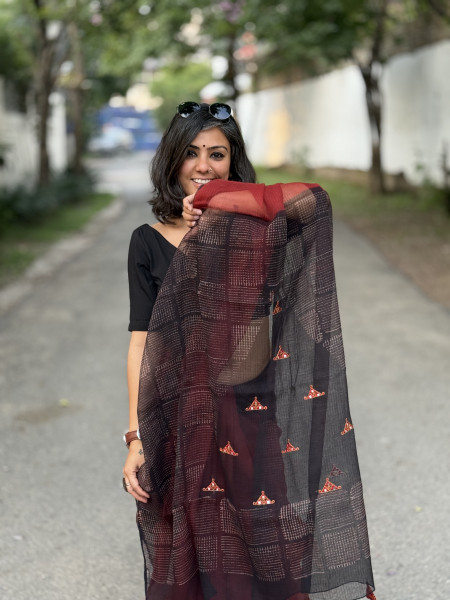 MAROON-BLACK HAND BLOCK PRINT EMBROIDERED COTTON KOTA SARI