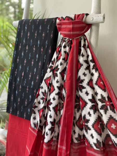 BLACK & RED COTTON IKKAT DUPATTA SET
