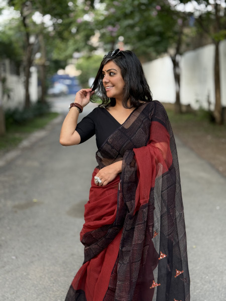 MAROON-BLACK HAND BLOCK PRINT EMBROIDERED COTTON KOTA SARI