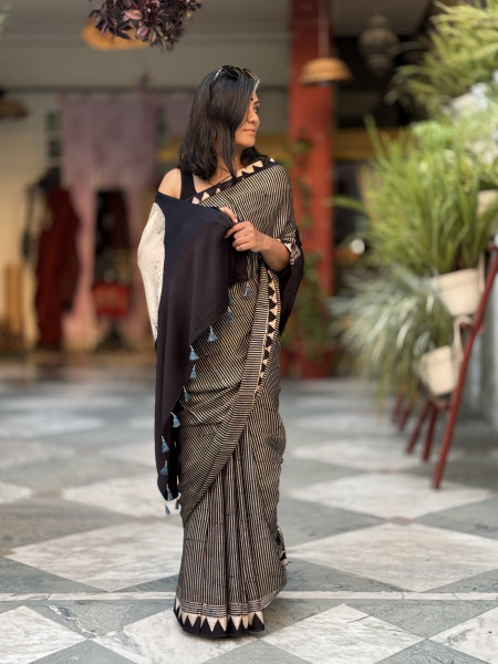 BLACK-OFF WHITE MODAL SILK AJRAKH BLOCK PRINT SARI