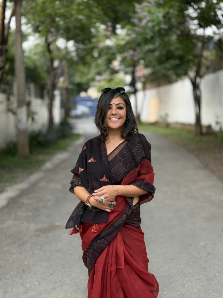 MAROON-BLACK HAND BLOCK PRINT EMBROIDERED COTTON KOTA SARI