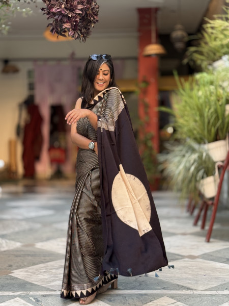 BLACK-OFF WHITE MODAL SILK AJRAKH BLOCK PRINT SARI