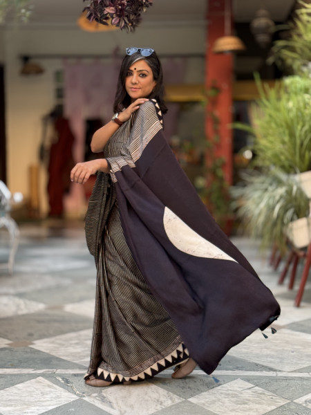 BLACK-OFF WHITE MODAL SILK AJRAKH BLOCK PRINT SARI
