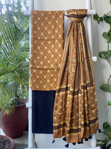MUSTARD-BLACK AJRAKH MODAL SILK DUPATTA SET