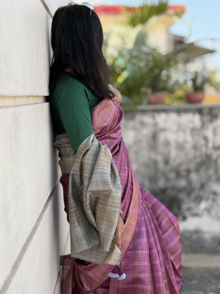WINE-GREY HAND WOVEN TUSSAR SILK SARI