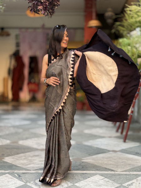 BLACK-OFF WHITE MODAL SILK AJRAKH BLOCK PRINT SARI
