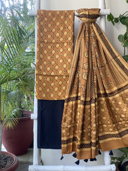 MUSTARD-BLACK AJRAKH MODAL SILK DUPATTA SET