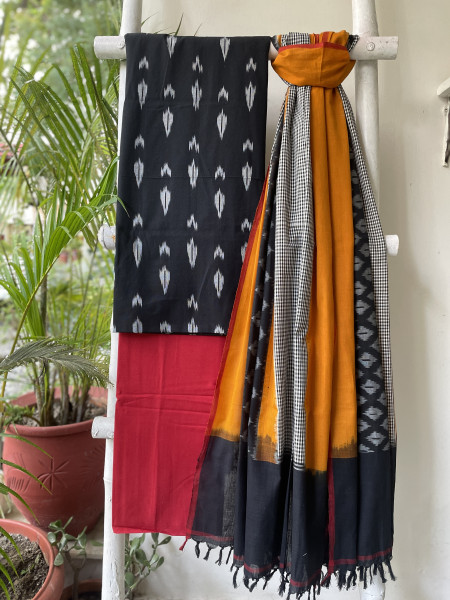 BLACK-RED COTTON IKKAT DUPATTA SET