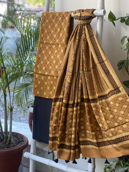MUSTARD-BLACK AJRAKH MODAL SILK DUPATTA SET