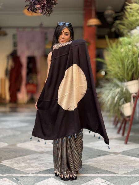 BLACK-OFF WHITE MODAL SILK AJRAKH BLOCK PRINT SARI