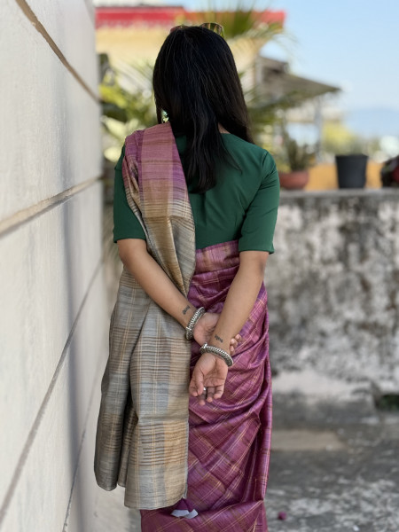 WINE-GREY HAND WOVEN TUSSAR SILK SARI