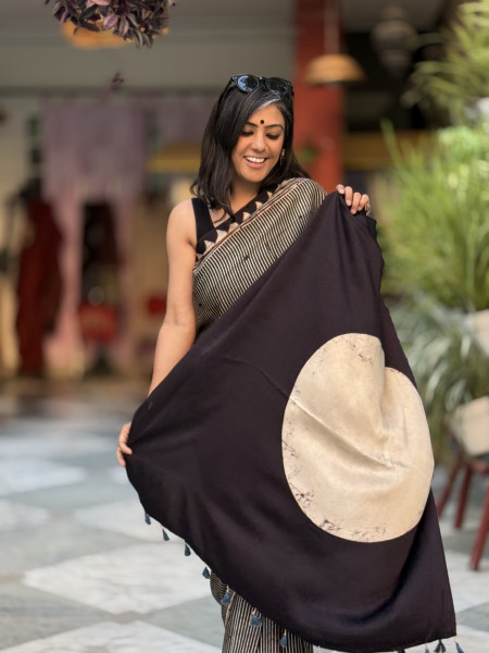 BLACK-OFF WHITE MODAL SILK AJRAKH BLOCK PRINT SARI