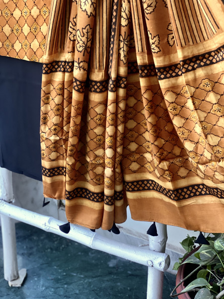 MUSTARD-BLACK AJRAKH MODAL SILK DUPATTA SET
