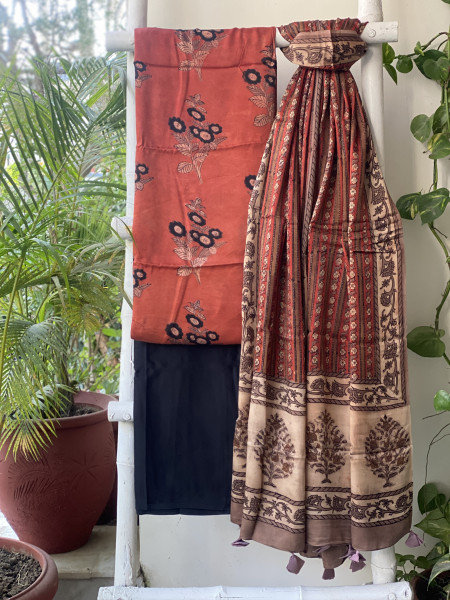 RUST-BLACK AJRAKH MODAL SILK DUPATTA SET