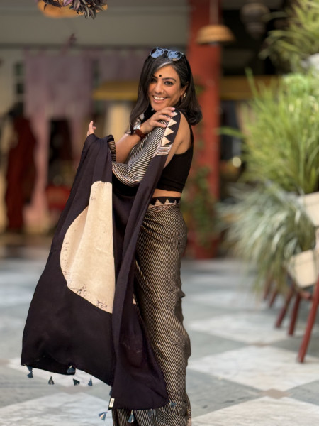 BLACK-OFF WHITE MODAL SILK AJRAKH BLOCK PRINT SARI