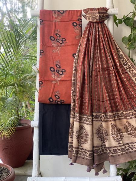 RUST-BLACK AJRAKH MODAL SILK DUPATTA SET