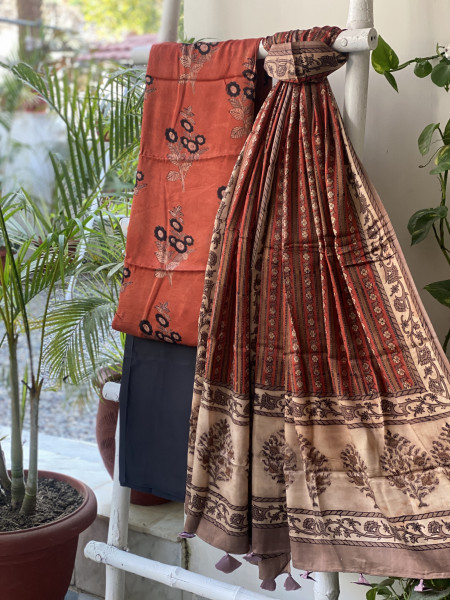 RUST-BLACK AJRAKH MODAL SILK DUPATTA SET