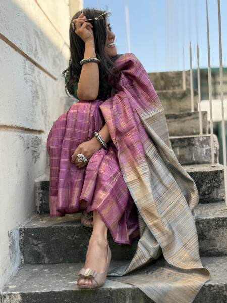 WINE-GREY HAND WOVEN TUSSAR SILK SARI