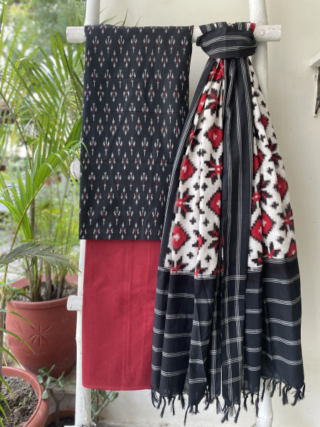 BLACK & RED COTTON IKKAT DUPATTA SET