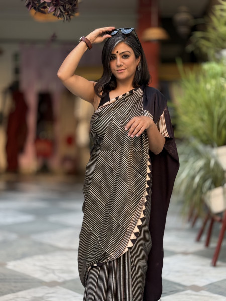 BLACK-OFF WHITE MODAL SILK AJRAKH BLOCK PRINT SARI