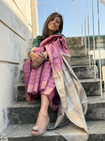 WINE-GREY HAND WOVEN TUSSAR SILK SARI
