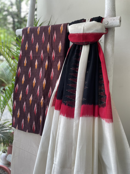 MAROON-BLACK COTTON IKKAT DUPATTA SET