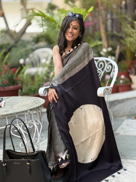 BLACK-OFF WHITE MODAL SILK AJRAKH BLOCK PRINT SARI