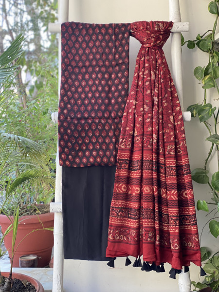 MAROON-BLACK AJRAKH MODAL SILK DUPATTA SET
