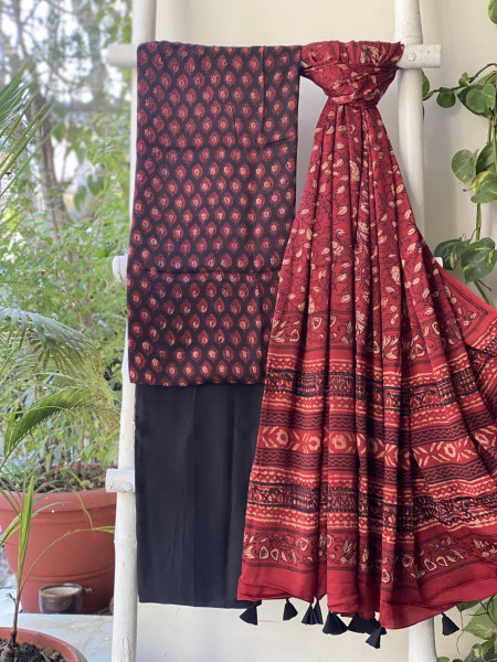 MAROON-BLACK AJRAKH MODAL SILK DUPATTA SET