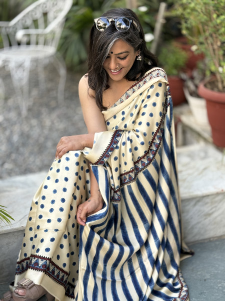 IVORY-INDIGO MODAL SILK AJRAKH BLOCK PRINT SARI