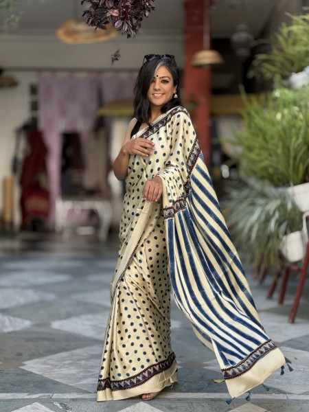 IVORY-INDIGO MODAL SILK AJRAKH BLOCK PRINT SARI