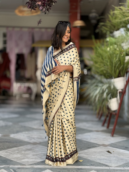 IVORY-INDIGO MODAL SILK AJRAKH BLOCK PRINT SARI