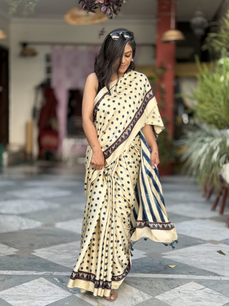 IVORY-INDIGO MODAL SILK AJRAKH BLOCK PRINT SARI