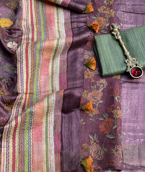 WINE PRINTED KANTHA EMBROIDERED TUSSAR SILK SARI