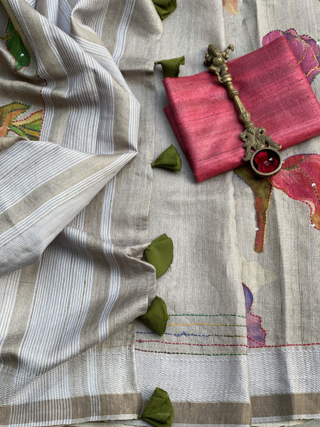 GREY PRINTED KANTHA EMBROIDERED TUSSAR SILK SARI