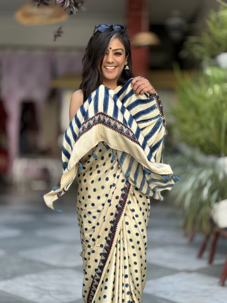 IVORY-INDIGO MODAL SILK AJRAKH BLOCK PRINT SARI