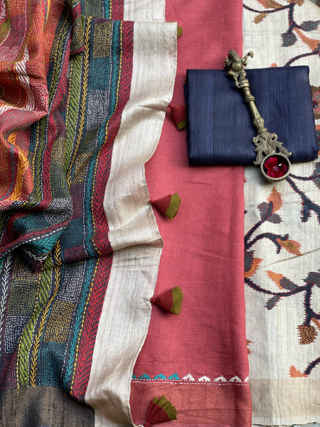 BEIGE PRINTED KANTHA EMBROIDERED TUSSAR SILK SARI