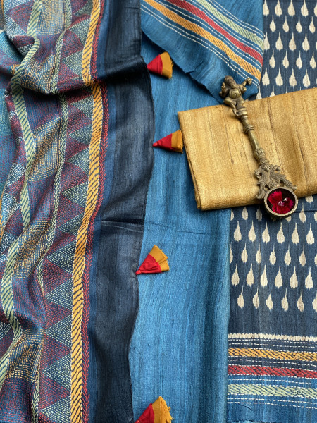 INDIGO HAND BLOCK PRINT KANTHA EMBROIDERED GICHA TUSSAR SILK SARI