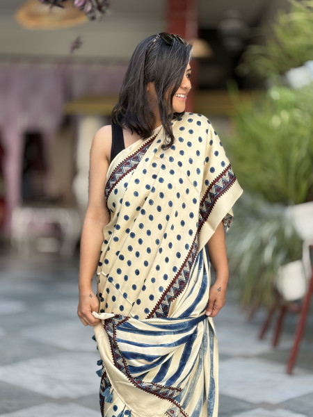 IVORY-INDIGO MODAL SILK AJRAKH BLOCK PRINT SARI