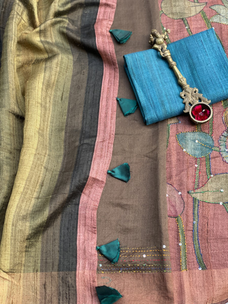 RUST PRINTED KANTHA EMBROIDERED GICHA TUSSAR SILK SARI