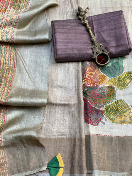 OFF WHITE PRINTED KANTHA EMBROIDERED TUSSAR SILK SARI