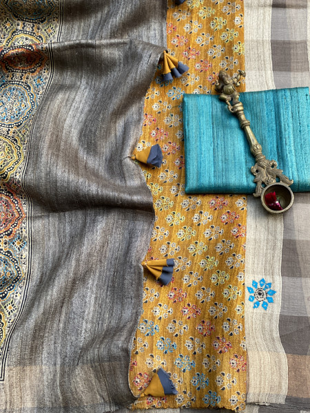 GREY-MUSTARD KORA-GICHA TUSSAR EMBROIDERED SILK SARI