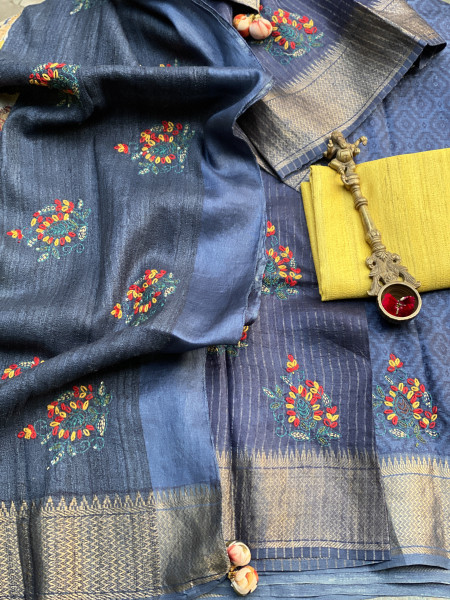 INDIGO PRINTED KANTHA EMBROIDERED TUSSAR SILK SARI