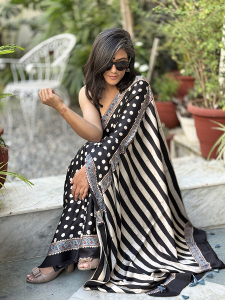 BLACK-WHITE MODAL SILK AJRAKH BLOCK PRINT SARI