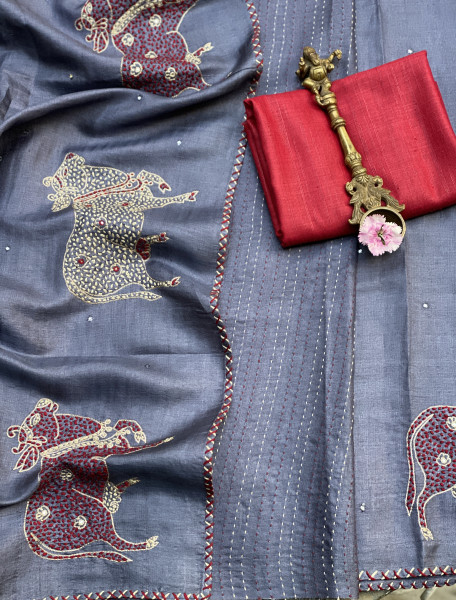 GREY TUSSAR SILK HAND EMBROIDERED SARI
