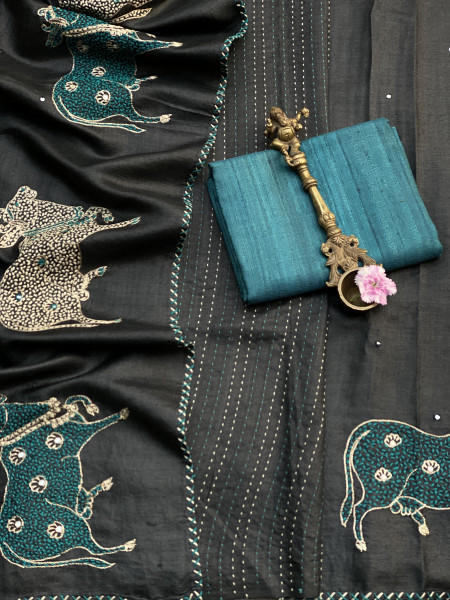 BLACK TUSSAR SILK HAND EMBROIDERED SARI