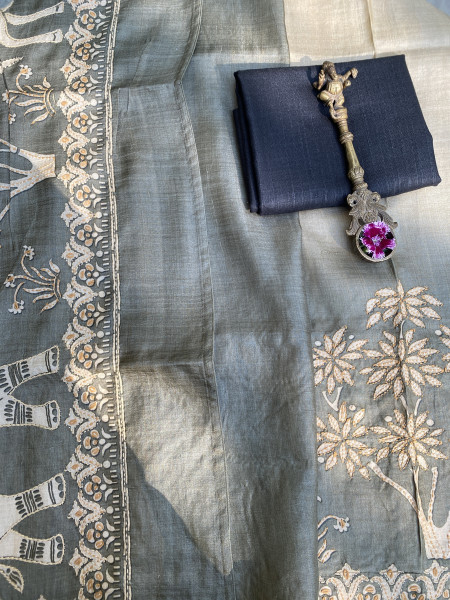 GREY PRINTED HAND EMBROIDERED TUSSAR SILK SARI