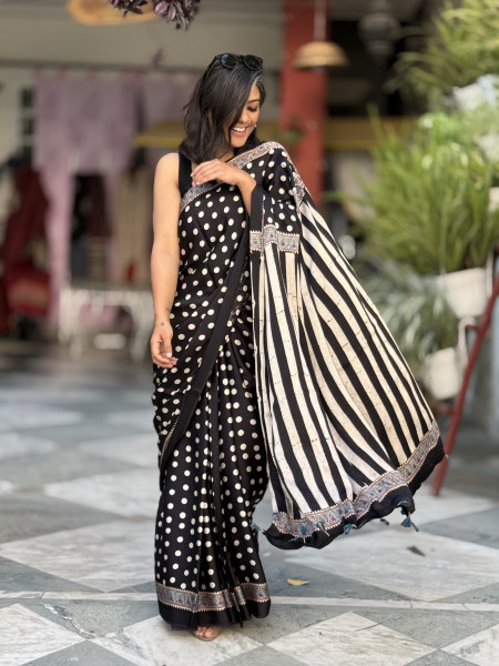 BLACK-WHITE MODAL SILK AJRAKH BLOCK PRINT SARI