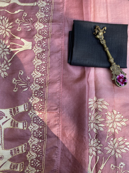 PINK PRINTED HAND EMBROIDERED TUSSAR SILK SARI