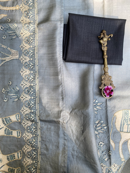 ASH PRINTED HAND EMBROIDERED TUSSAR SILK SARI